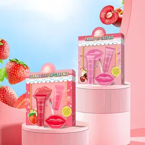 Kit de labios rosa de fruta vegana coreana, Gel hidratante para dormir, máscara de bálsamo labial brillante, conjunto de cuidado de labios de cereza, Etiqueta Privada