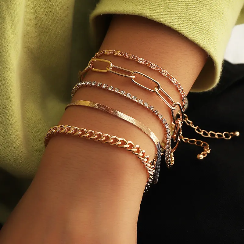 New Product Ideas 5pcs/set Gold Plated Crystal Snake Bone Link Chain Bracelet Adjustable Paperclip Chain Bracelet Jewelry set