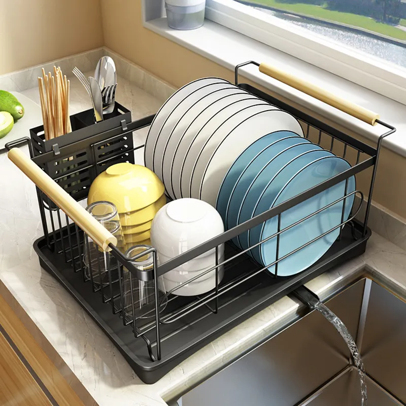 Household Stainless Steel Storage Basket Countertop Tableware Drainboard Set Kitchen Utensil Holder Dish Drying Drainer Rack