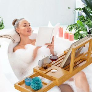 Organizzatore per Accessori da Bagno con Lati Estensibili, Vassoio Regolabile in Bambù per Vasca con Portabicchiere e Portacandele - Product Image 5