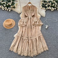 Robe longue décontractée pour femme, élégante, avec empiècements en dentelle, coupe trapèze, col montant, manches évasées, style vintage, pour le quotidien et les vacances