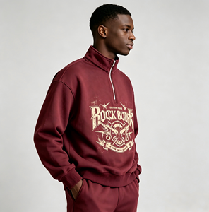 Felpa Oversize con Mezza Zip Stile <span class=keywords><strong>Rock</strong></span>, Stampa Grafica Vintage <span class=keywords><strong>Rock</strong></span>, Cotone Bordeaux Lavato, Marca Kornit DTG - Product Image 1