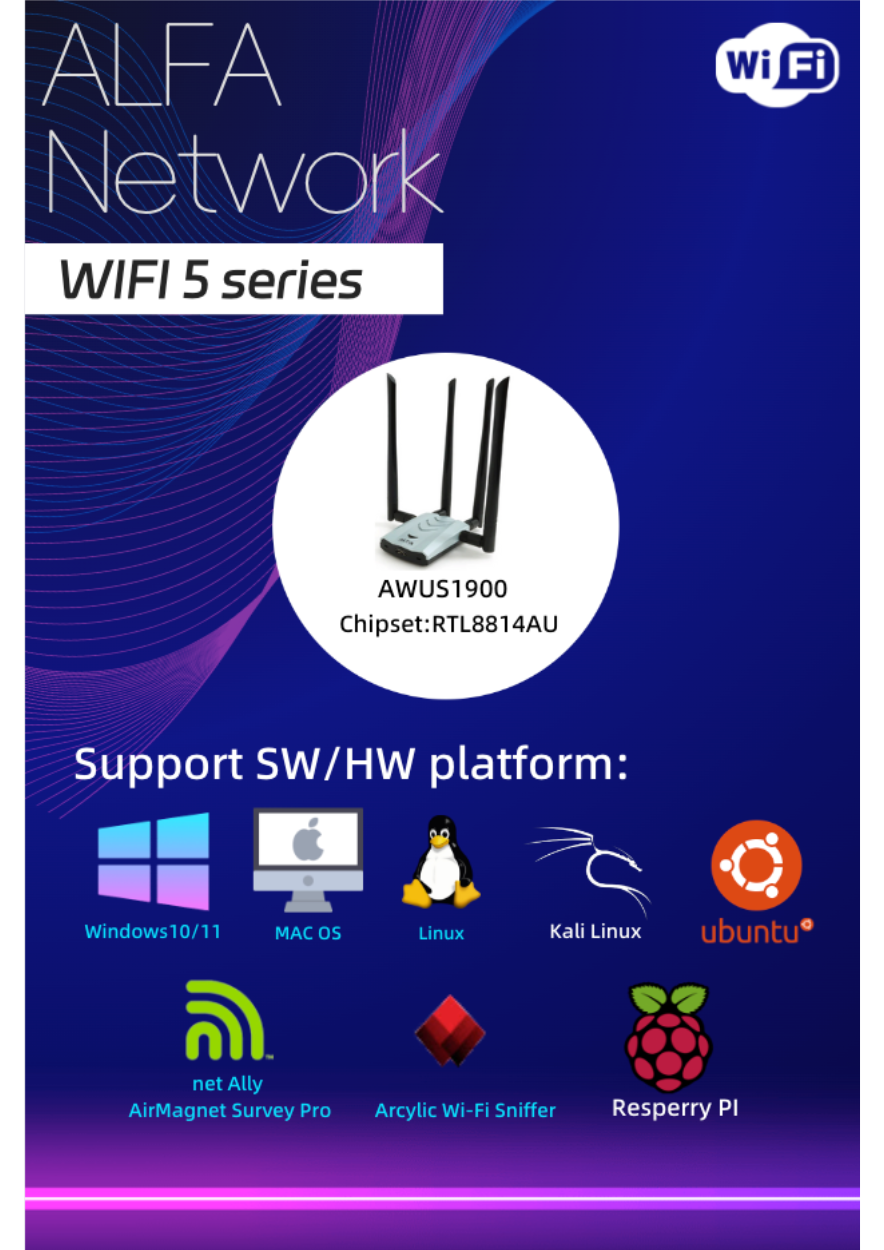 Original ALFA AWUS1900 RTL8814AU Chip for Mac Linux Kali Raspberry Pi