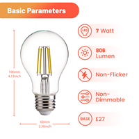 Ampoule LED à filament en verre A60 E27 en gros, 220-240V AC, 7W, 806lm, 6500K, éclairage économique pour la maison, l'hôtel, le café