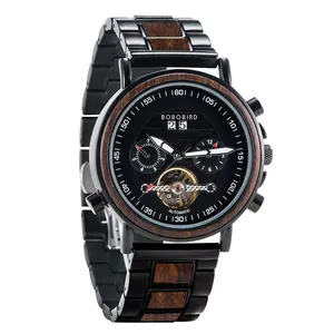 Professionnel de haute qualité en bois bracelet en acier inoxydable noir luxe automatique montre-bracelet Quartz hommes montres mécaniques