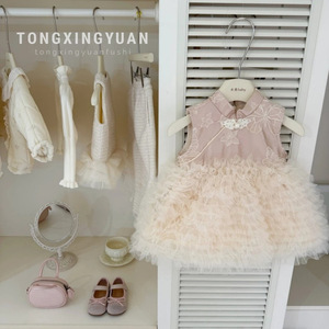 Tongxingyuan Girls Sleeveless Mesh Puff Vest Dress Chinese Style Breathable Winter Fashion Dress For Children - Product Image 1
