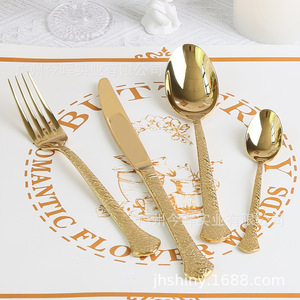 Juego de Cubiertos Occidentales de Acero Inoxidable 304, Cuchillo, Tenedor y Cuchara con Acabado Dorado Martillado, Estilo Retro de Lujo para Hotel, Boda, Restaurante - Product Image 1