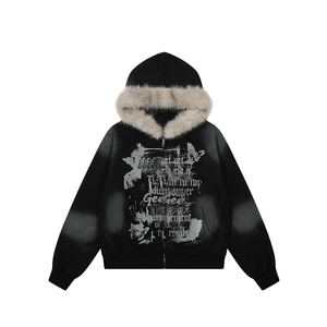 Sudadera con capucha pesada personalizada con cremallera, capucha con ribete <span class=keywords><strong>de</strong></span> piel sintética, estampado gráfico con efecto deslavado y sucio, estilo gótico streetwear, oversize para hombre - Product Image 3