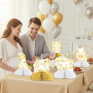 Decorazioni per Baby Shower Gemelli, 8 Pezzi Oro e Bianco, Centrotavola a Nido d'Ape 'Benvenuti Bambini', Decorazioni per Tavolo Gemelli - Product Image 4