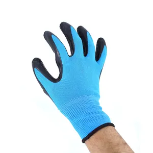 13G guanti da lavoro in gomma rivestiti in lattice di poliestere blu e nero con rivestimento in lattice resistente