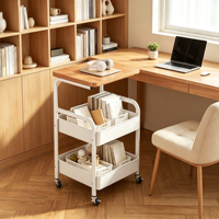 Chariot utilitaire roulant à 3 niveaux avec plateau en bois, chariot de rangement en métal pour cuisine, salle de bain, bureau, étagère mobile d'organisation