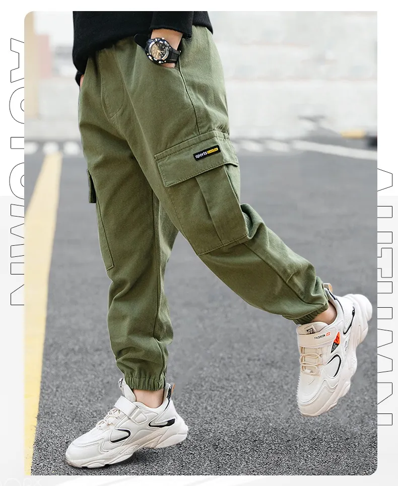 Boys Plain Dyed Spring Cargo Pants Army green loose casual Pants Wholesale Fashion Trend Frock Design trousers