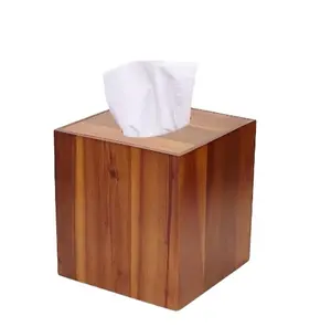 Tissue Box of Acacia Wood 5.8 x 6.2 Beautiful Real Wood Square Cube Cover in Rich Brown Created by Skilled Artisans