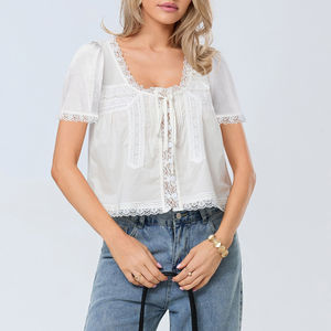 Blusa Corta con Encaje y Botones en la Parte Delantera, Estilo <span class=keywords><strong>Chic</strong></span>, para Mujer, 2026, Manga Corta Semitransparente, Cuello Redondo, Algodón, Estilo Y2K, <span class=keywords><strong>Coqueta</strong></span> - Product Image 2