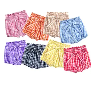 批发定制格汉姆100% 棉编织夏季蝴蝶结粉红色可爱儿童少女短裤