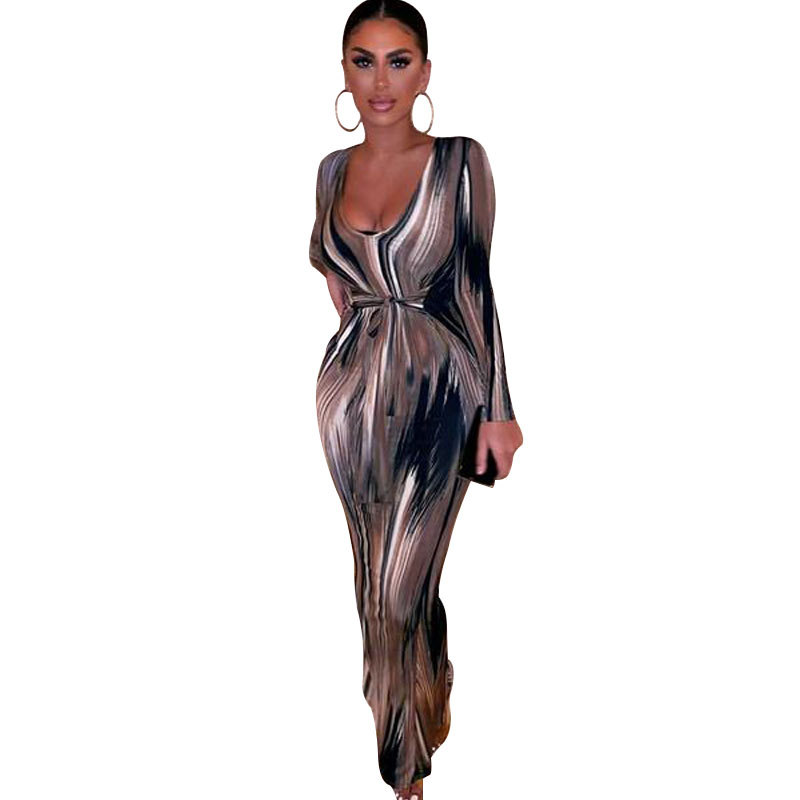 Wholesale Deep Sexy V-Neck Compression High Waist Printed with Waistband for Plus Size Women's Dress