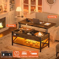 Table basse moderne en bois extensible avec plateau relevable multifonction, transformable en table à manger, avec lumière LED et prise de courant, mobilier de maison