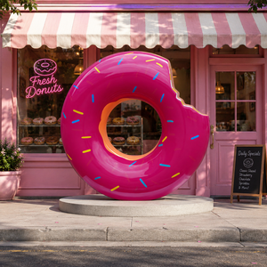 Grande Statua in Resina a Forma di <span class=keywords><strong>Ciambella</strong></span> Rosa Smaltata con Granella Colorata per Esposizione in Caffetterie e Pasticcerie - Product Image 1