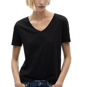 T-shirt essentiel à col en V pour femme, en coton uni, à manches courtes, pré-lavé pour une douceur accrue, design uni, tricoté, toucher régulier, impression numérique - Product Image 2