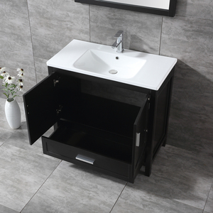 Meuble-lavabo autoportant en bois massif, moderne et écologique, avec miroir encadré, vasque en céramique, résistant à l'eau, style ferme, pour hôtel - Product Image 4