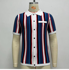 Camisa <span class=keywords><strong>Polo</strong></span> de Punto a Rayas Transpirable de Verano para Hombre, Camisas de Punto Informales de Manga Corta con Botones y Bolsillo - Product Image 3