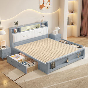 Nordic Style Solid Wood <b>Bed</b> 1.5M 1.8M Modern Minimalist <b>Storage</b> Lighted Headboard Master Bedroom <b>Double</b> <b>Bed</b> - Product Image 2