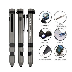 Custom Logo 6-in-1 Multifunction Plastic Ballpoint Pen Tool <b>LED</b> Light Phone Holder for Stylus Compass with 1.0mm Writing Width - Product Image 4