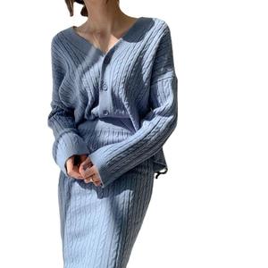 <span class=keywords><strong>Robe</strong></span> <span class=keywords><strong>pull</strong></span> élégante en maille Jupe transparente boutonnée à manches longues Ensemble deux pièces - Product Image 2