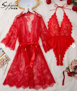 B069 <b>Sexy</b> <b>Sheer</b> Women's <b>Lingerie</b> Lace Robe Bodysuit & Long Sleeved Nightgown Set with Bow Tie Belt 100% Polyester Mesh - Product Image 1