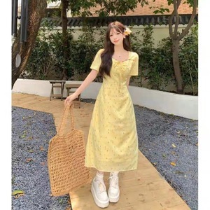 Yellow Floral Print Short Sleeve Dress Tie Neck Tummy Control Slim Fit Casual Daily Wear Women's Summer Dress - Product Image 3