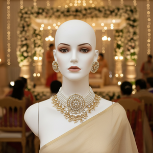 Parure Collier Ras-de-cou et Boucles d'Oreilles Plaqué Or, Perles Blanches, Zircon, Kundan, Style Ethnique, pour Mariage, Fiançailles, Fête, Anniversaire, Haute Qualité - Product Image 3