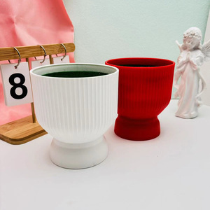 Pot de fleurs romain en plastique à rayures verticales, flocqué, style nordique, pour plantes artificielles de bureau, décoration de salon - Product Image 2