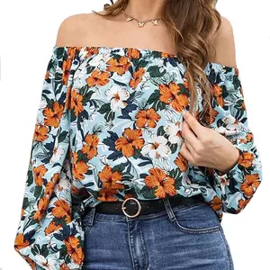 Frühling Sommer Frauen Hot Sale Blusen Blumen druck Off Schulter Laterne Ärmel Bluse