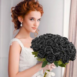 36/52 قطعة من الورود السوداء الاصطناعية، باقة ورود حريرية واقعية للزفاف وديكور المنزل - Product Image 6