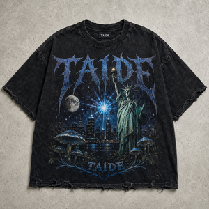 T-shirt TaiDe personalizzata con stampa Gothic <span class=keywords><strong>Font</strong></span> Liberty Moon, lavaggio acido, effetto strappato, vestibilità ampia, OEM ODM, alta qualità, produttore all'ingrosso - Product Image 1