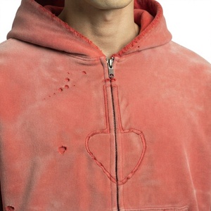 Pink Solid Acid Wash Zip up Hoodie Men Vintage Distressed <b>Heart</b> Embroidery Winter Oversized Streetwear <b>Sweatshirt</b> - Product Image 5