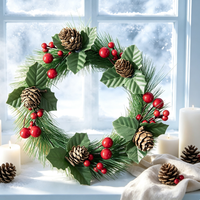 Guirlande de Noël artificielle en aiguilles de pin vertes avec baies rouges et cônes de pin pour porte d'entrée, mur, intérieur, extérieur, Noël