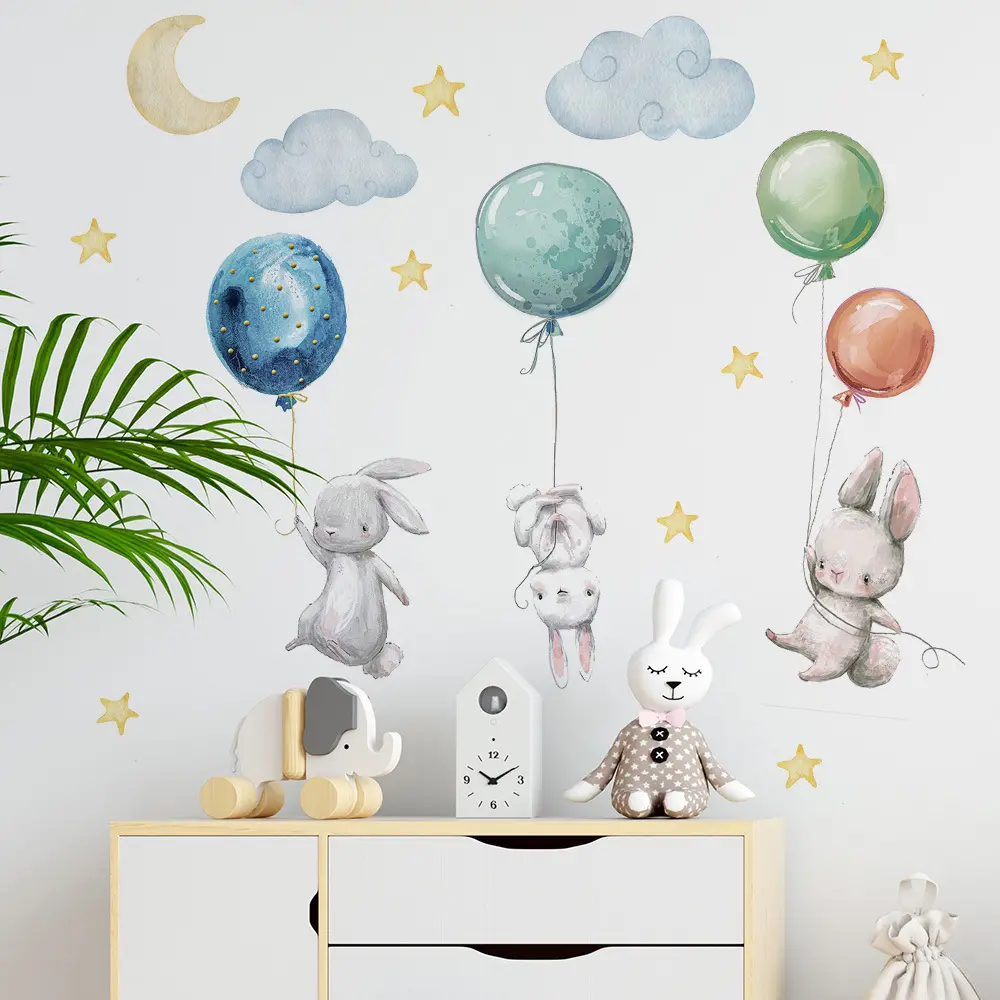 Cartoon Bunny Wall Stickers Home Decor Animals Stars Wallpaper Kawaii Decals for Kids Room Baby Nursery Bedroom Murals