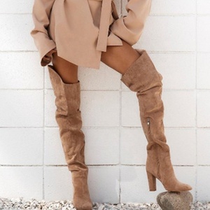 Pure Color Suede Upper Square Toe Back Zip Chunky Heel Women Thigh High Booties Side Half-zip Over Knee High <b>Boots</b> for Ladies - Product Image 2