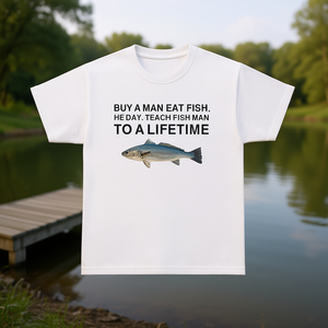 Camiseta divertida con meme: Compra una camiseta sarcástica e irónica con la frase 'Compre un hombre, coma pescado, haga que el hombre le enseñe al pez a comer durante una vida'. - Product Image 3