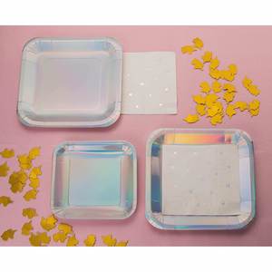 FDA Approved 350gsm White Holographic Foil Square Metallic Silver <b>Disposable</b> <b>Plate</b> 7-Inch Square Party Supplies - Product Image 2