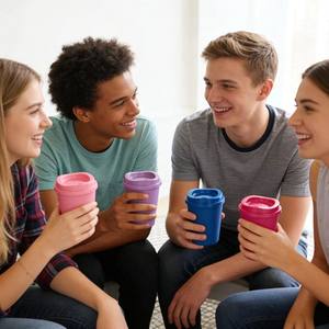 Vasos de Café Reutilizables de Plástico con Diseño Personalizado y Tapas, 12 oz, Vaso Térmico para Viaje, Apto para Bebidas Frías y Calientes, Apto para Microondas, para Niños Pequeños y para Llevar - Product Image 5