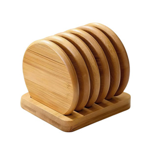 Juego de posavasos de bambú, 4 piezas, redondos, de madera maciza, con aislamiento térmico y soporte de almacenamiento para té y bebidas - Product Image 5