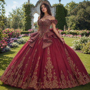 ชุดเดรสงาน Quinceanera สีเบอร์กันดีสุดหรู Dy1331 ปักลายทองวิบวับ ผ้าทูลล์ทรงบอลกาวน์ แต่งโบว์ที่เอว สำหรับงานฉลองอายุ 15 ปี Jancember - Product Image 1