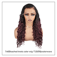 T1B/99J Wig tanpa lem keriting Burmese besar rambut manusia, Wig renda depan dengan ikal tebal & Ombre merah anggur cerah