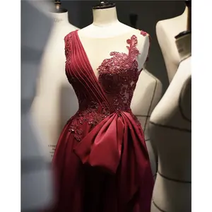 Vintage decent flower embroidery red long gown high quality women evening prom dresses for ladies