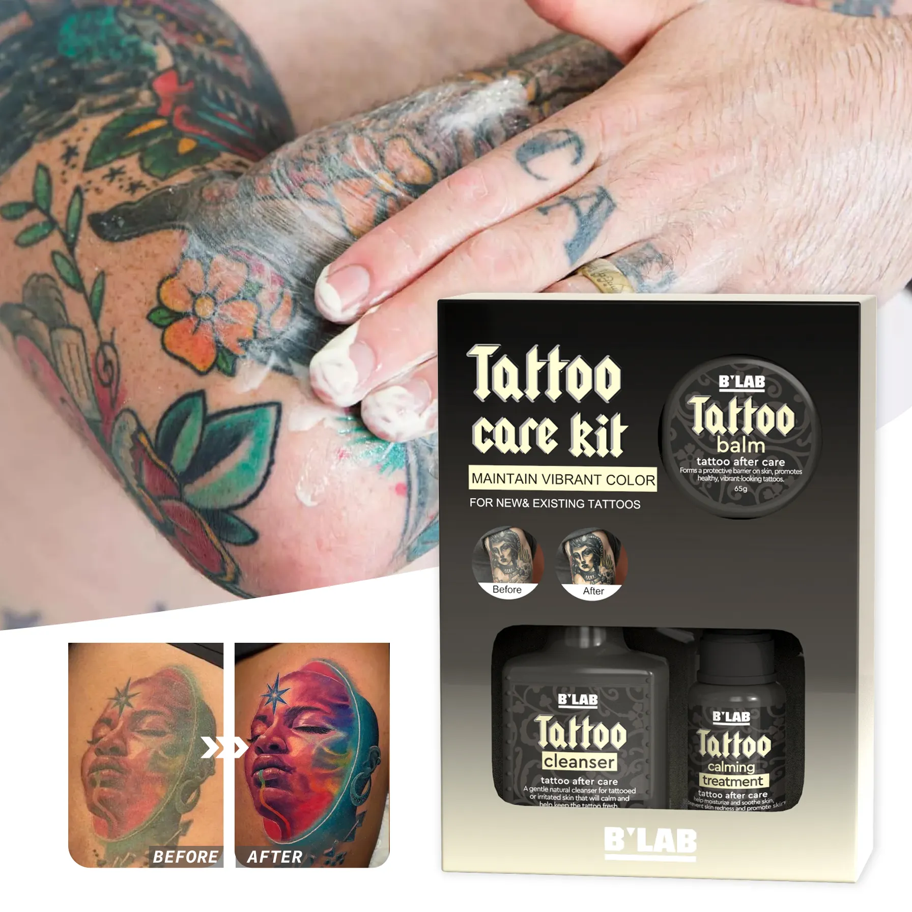 タトゥーケアバタータトゥーは、前後のタトゥーカラー強化アフターケアバームのための心地よいクリーム