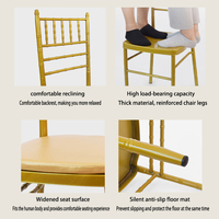 Chaise Chiavari dorée pour événements, chaise en acier pour extérieur, hôtel, types de mobilier métallique, chaise de mariage en gros avec coussins