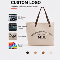 Sac fourre-tout en toile de luxe avec logo personnalisé, poignée en cuir, tissu en coton épais, sac à bandoulière, grande capacité, sac à main pour le shopping