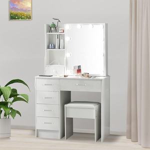 Escritorio de tocador, tocador de maquillaje con espejo y 10 Luces LED, con 6 cajones y Silla 3 modos de iluminación para dormitorio - Product Image 1